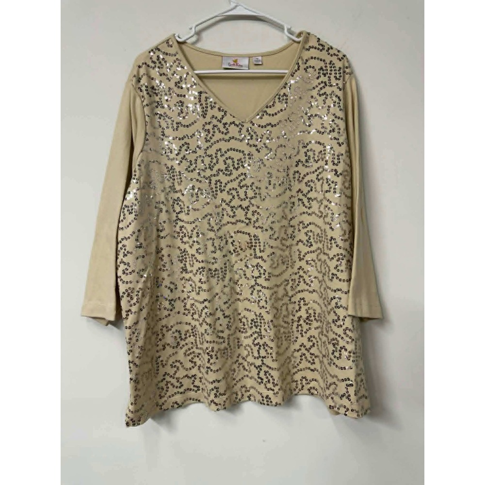 Quacker Factory 1X Beige Sequin Swirl V-Neck Top Cotton 3/4 Sleeve Gold Sparkle